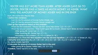 Math Question ~ Dexter Has $27 More Than Asher ...