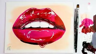 How to paint RED GLOSSY LIPS with acrylics / Easy Painting Vered